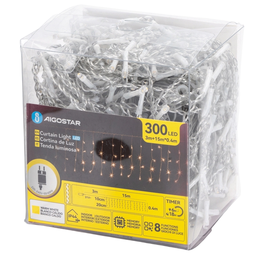 Aigostar - LED spoljna božićna svetla 300xLED/8 funkcija 15x0,4 m IP44 topla bela