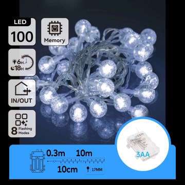 Aigostar - spoljni LED lanac 100xLED/3xAA/8 funkcija 10,3 m IP44 hladno-bela