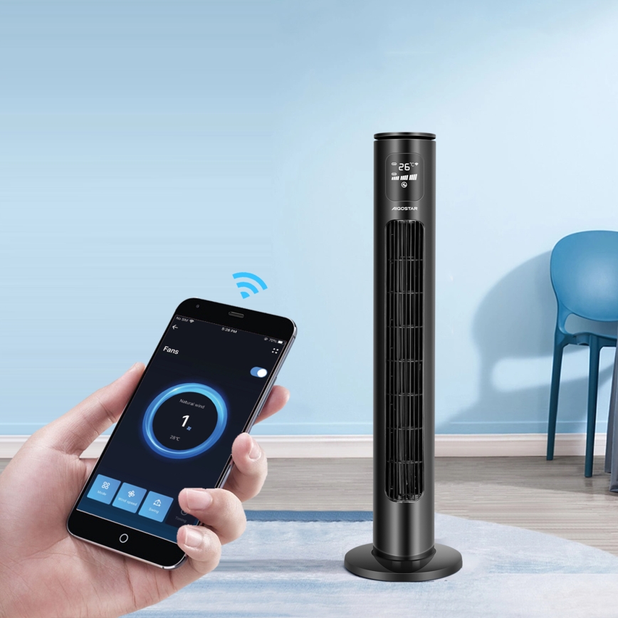 Aigostar - Stubni ventilator 50W/230V, crni, Wi-Fi + daljinski upravljač