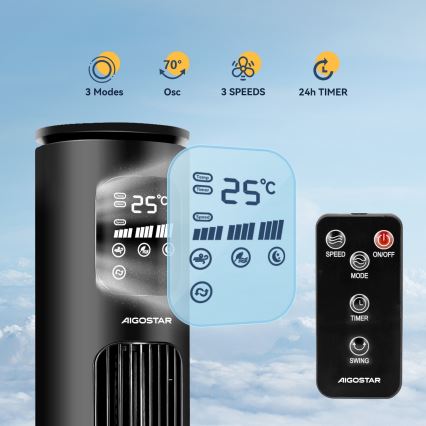 Aigostar - Stubni ventilator 50W/230V, crni, Wi-Fi + daljinski upravljač