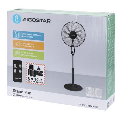 Aigostar - Stojeći ventilator 55W/230V 130 cm crni + daljinski upravljač