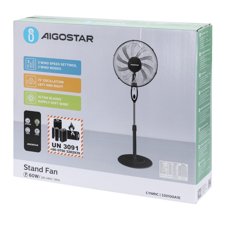 Aigostar - Stojeći ventilator 55W/230V 130 cm crni + daljinski upravljač