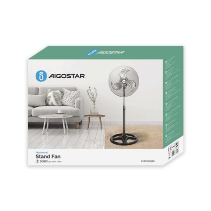 Aigostar - Stojni ventilator 50W/230V, prečnika 50 cm, hrom/crna