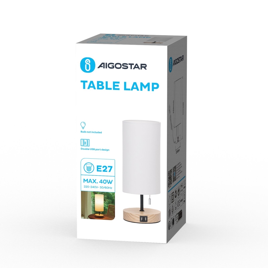 Aigostar - Stona lampa sa USB priključkom 1xE27/40W/230V bež