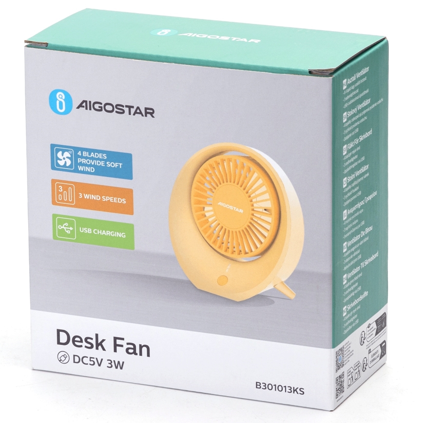 Aigostar - Stoni punjivi USB ventilator 3W/5V 1200mAh narandžasta