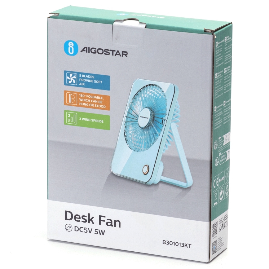 Aigostar - Stoni punjivi ventilator 5W/5V 3600mAh USB plavi