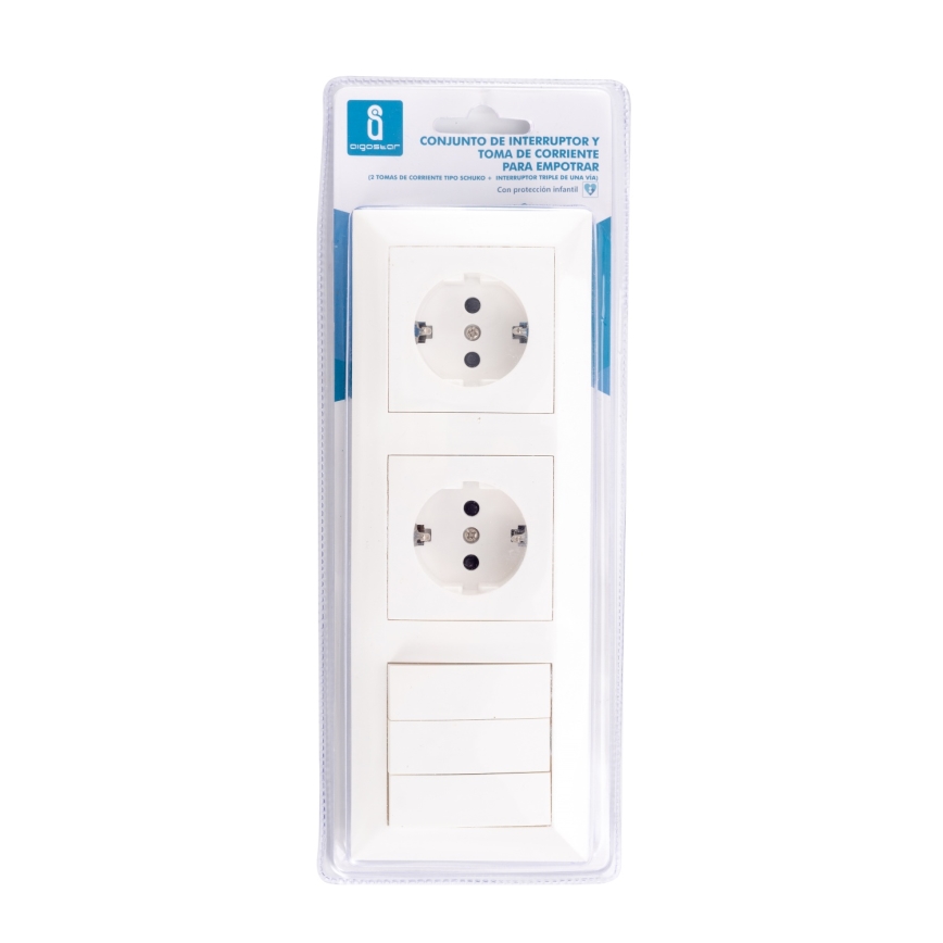 Aigostar - trostruki prekidač br. 3 i 2× SCHUKO utičnice 230 V sa ramom, bela