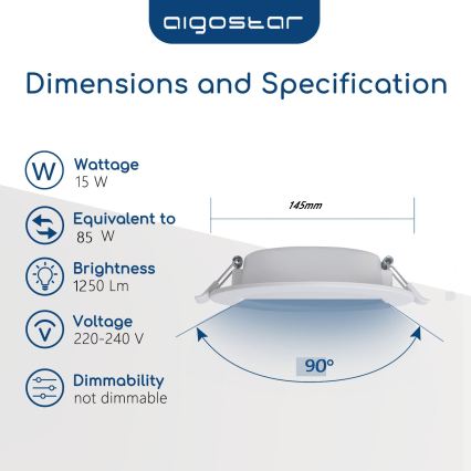 Aigostar - LED kupatilsko ugradno svetlo LED/15W/230V 4000K IP44 prečnik 14,5 cm bela
