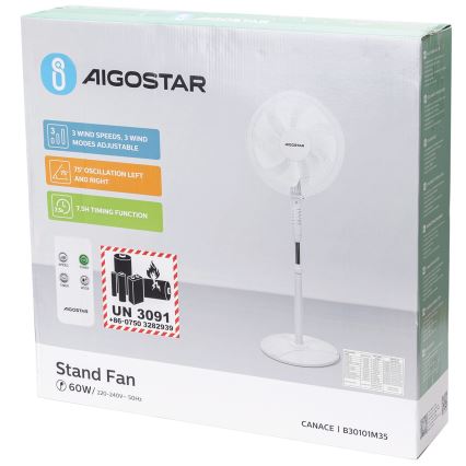Aigostar - Ventilator na stalku 60W/230V prečnik 42 cm beo + daljinski upravljač