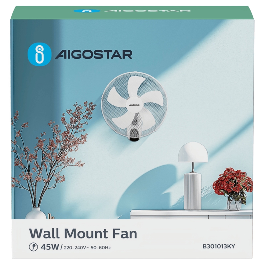 Aigostar -  Zidni ventilator 45W/230V beli + daljinski upravljač