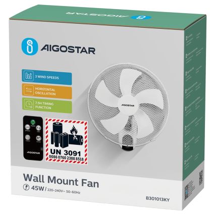 Aigostar -  Zidni ventilator 45W/230V beli + daljinski upravljač