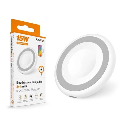 Aligator AMS08WT - Bežični MagSafe punjač 3u1 15W beo