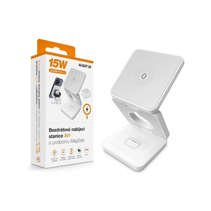 Aligator AMS09WT - Bežična MagSafe stanica za punjenje 3u1 15W, bela