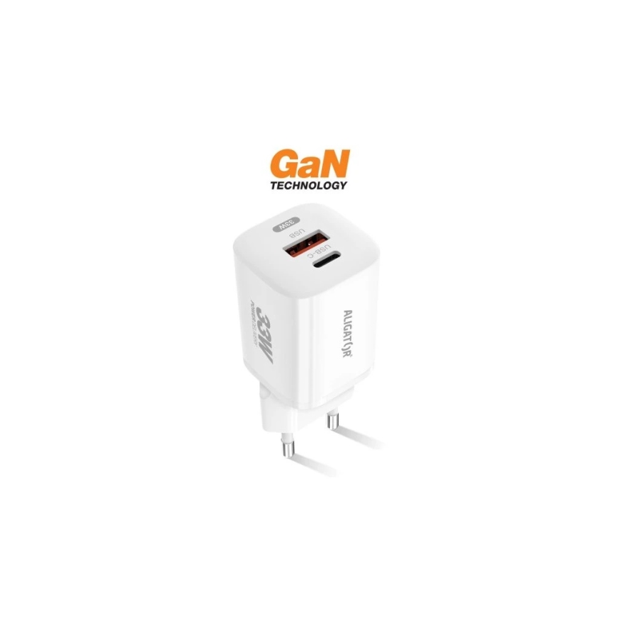 Aligator CHPD0020 - Brzi GaN adapter Power Delivery 33W USB-A + USB-C, bela
