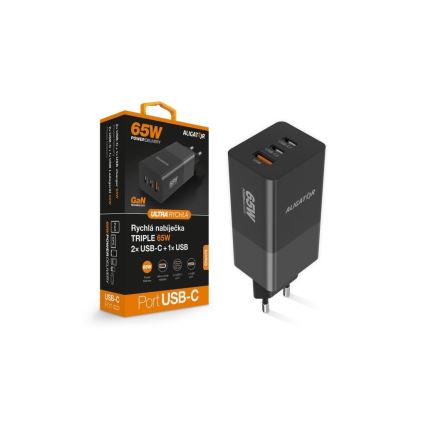 Aligator CHPD0027 - Brzi GaN adapter za punjenje sa Power Delivery 65W, 2x USB-C + USB-A, crni