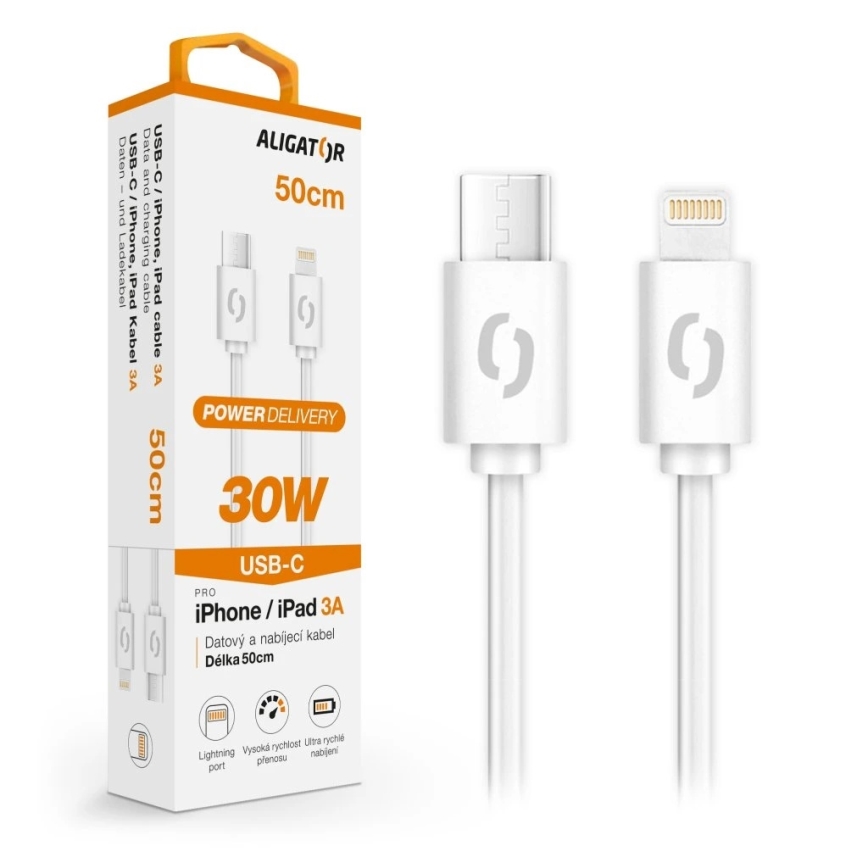 Aligator DATKP57 - USB kabl USB-C / Lightning 30W Power Delivery 0,5m bela