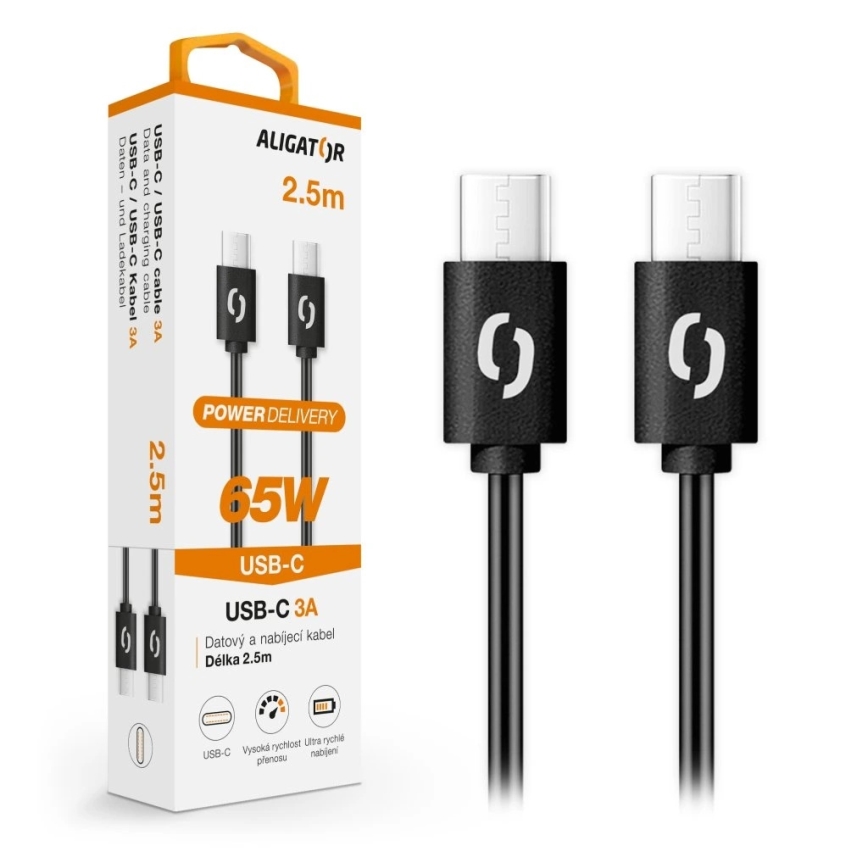 Aligator DATKP58 - USB kabl USB-C na USB-C, 65 W Power Delivery, 2,5 m, crna