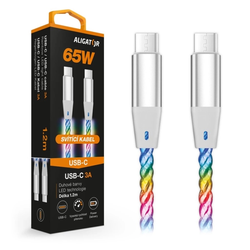 Aligator DATKP62 - USB kabl USB-C / USB-C sa LED osvetljenjem 65W Power Delivery 1,2m