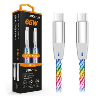 Aligator DATKP64 - USB kabl USB-C na USB-C sa LED osvetljenjem, 65W Power Delivery, 0,5 m