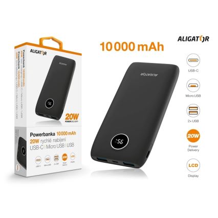Aligator PBPD10BK - Powerbank sa LCD displejem, Power Delivery, 10000 mAh/20W/3,7V, crna