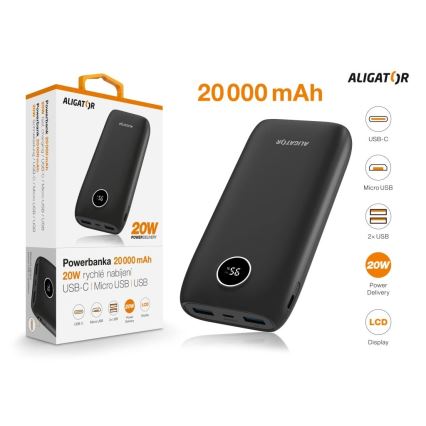 Aligator PBPD20BK - Power bank sa LCD ekranom, Power Delivery, 20000 mAh/20 W/3,7 V, crna