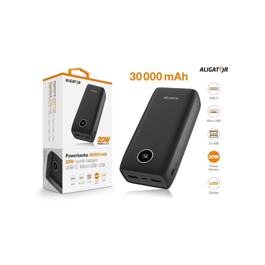 Aligator PBPD30BK - Power bank sa LCD displejom Power Delivery 30000 mAh/20W/3,7V crna