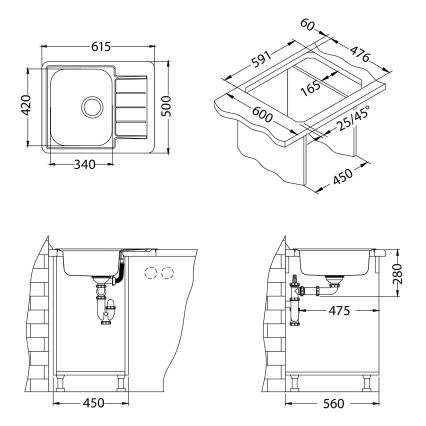 ALVEUS 1144603 - Kuhinjski sudoper LINE 61,5 x 50 cm nerđajući čelik/satin, bez ekscentra