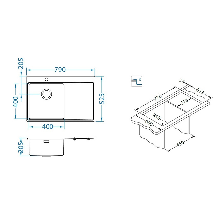 ALVEUS 1149516 - Kuhinjski sudoper PURE 79x52,5 cm saten, desni + sifon sa brzim zatvaračem