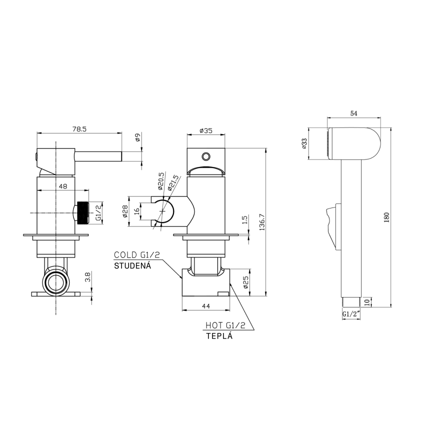 Aqualine - Baterija za bide sa tušem za podžbuknu ugradnju, mat crna