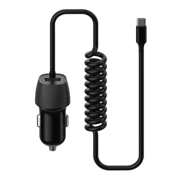 Auto punjač 1× USB 5V/1A sa USB-C priključkom, kabl 150 cm, crni