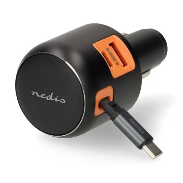 Auto punjač sa uvlačivim kablom Power Delivery 30W 2xUSB-C + 1xUSB-A