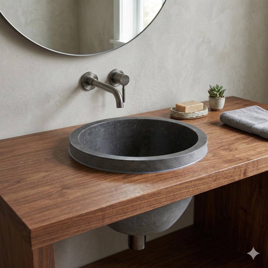 Bathco 00374 - Ugradni umivaonik za radnu ploču MIRAGE, prečnik 40 cm, kamen/siva