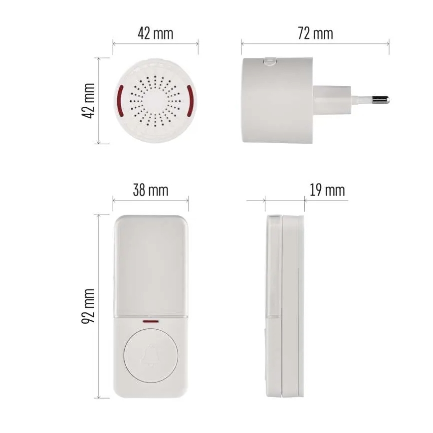 Bežični zvončić za utičnicu 230V + 1xCR2032 belo