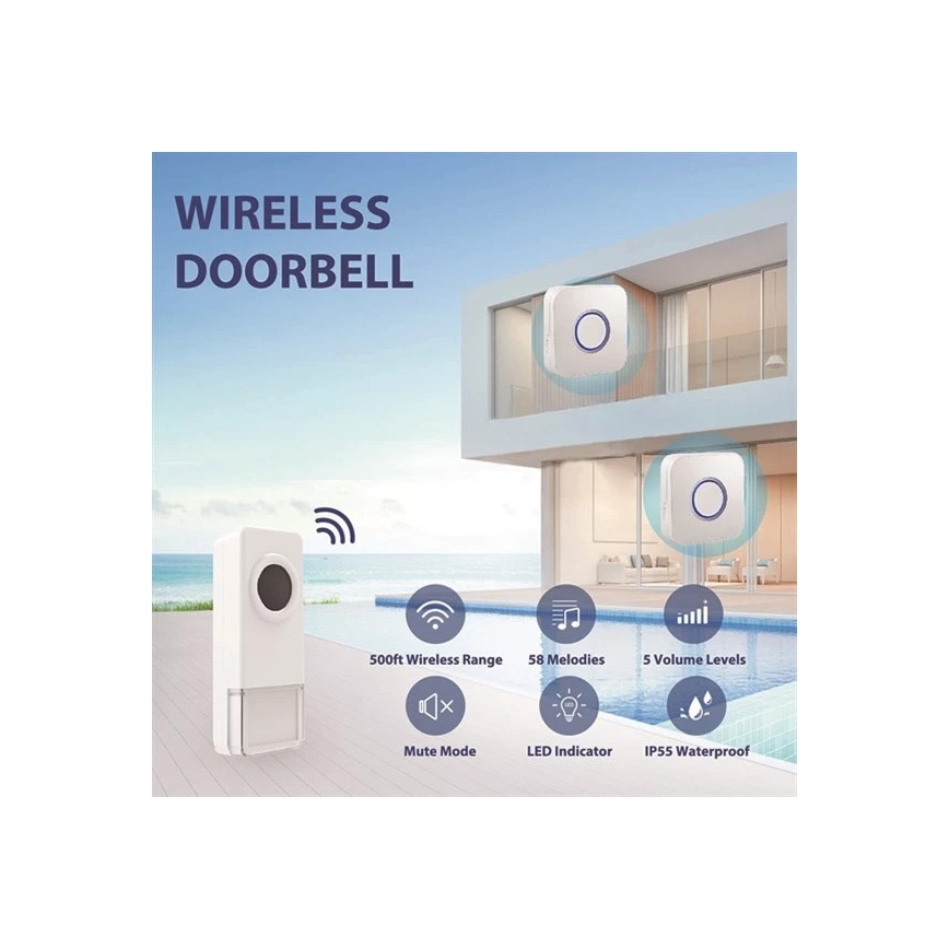 Bežično zvono 3xAAA/1xA23 IP55 belo