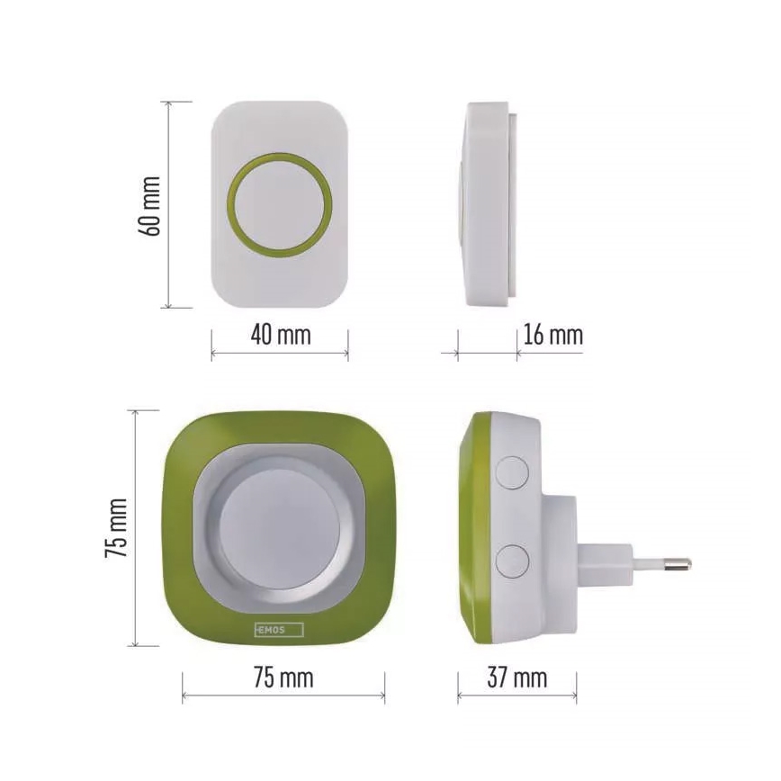 Bežično zvono za utičnicu 230V + 1xCR2032 IP44 zelena