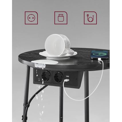 Bočni stolić sa ugrađenim utičnicama i USB portovima NOIRA 45 cm siva/crna