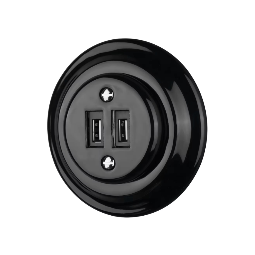 Bohemia-Design - Porcelanska retro USB napajajuća utičnica bez okvira, 2x USB-A, crna