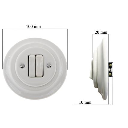 Bohemia-Design - Porcelanski retro dvostruki prekidač sa ramom br. 6+6, beli