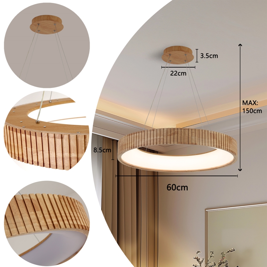 Brilagi - LED luster na sajli FALCON WOOD MODERN LED/40W/230V 3000/4000/6000K prečnik 60 cm drvo