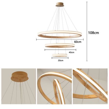 Brilagi - drveni LED luster UMEA WOOD na sajli, LED/45W/230V, prečnik 60 cm