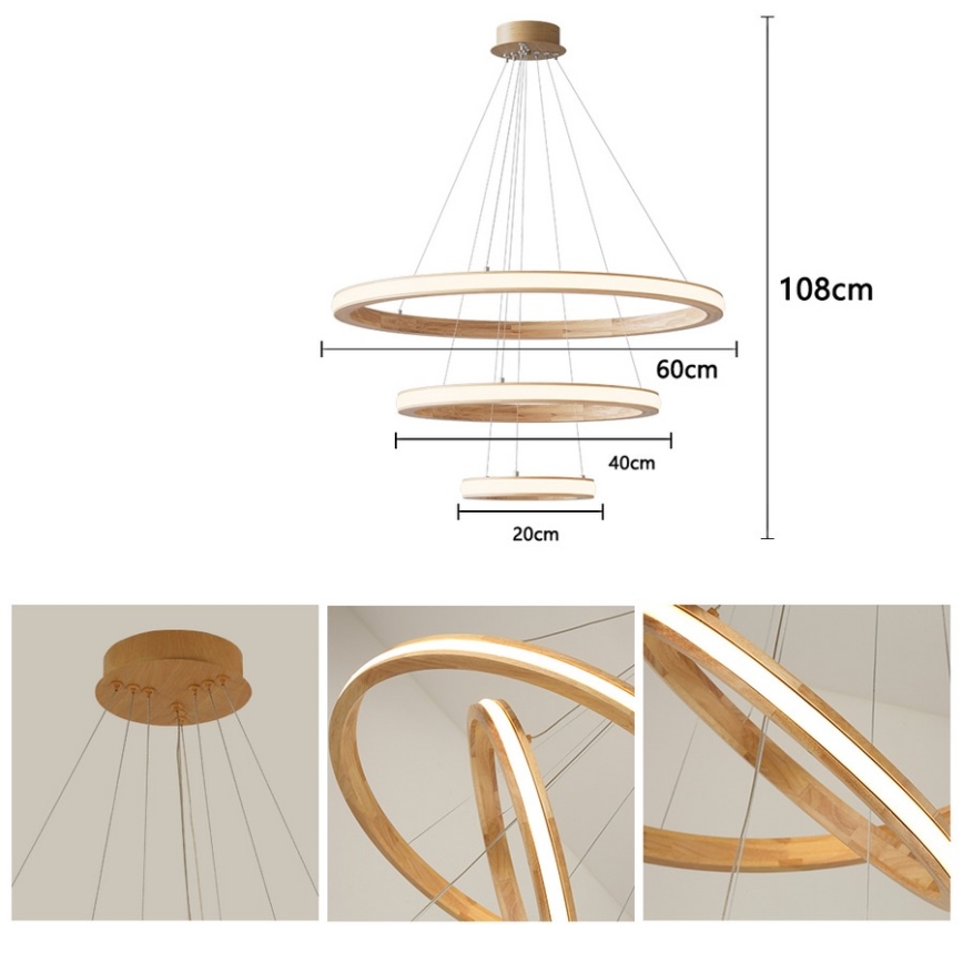 Brilagi - drveni LED luster UMEA WOOD na sajli, LED/45W/230V, prečnik 60 cm