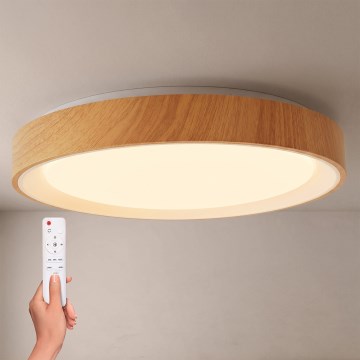 Brilagi - FLOCO LED prigušiva stropna svetiljka, 48W/230V, prečnik 40 cm, drveni dekor/bela + daljinski upravljač