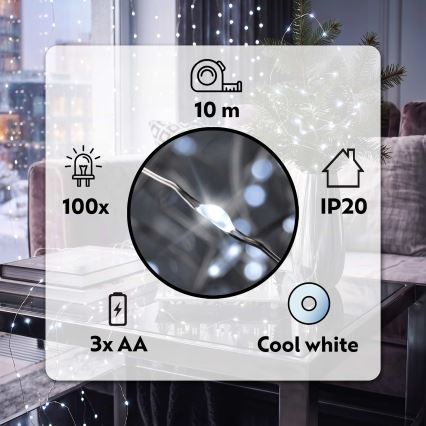 BRILAGI - LED božićna girlanda 100xLED/3xAA 10m hladno bela