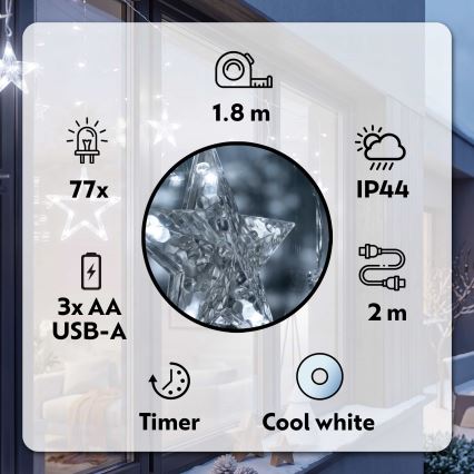 BRILAGI - LED božićna spoljašnja zavesa 77xLED/3xAA/USB 1,8m IP44 hladna bela