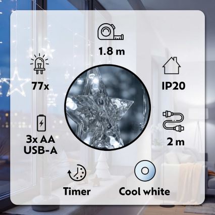 BRILAGI - LED božićna zavesa 77xLED/3xAA/USB 1,8m hladna bela