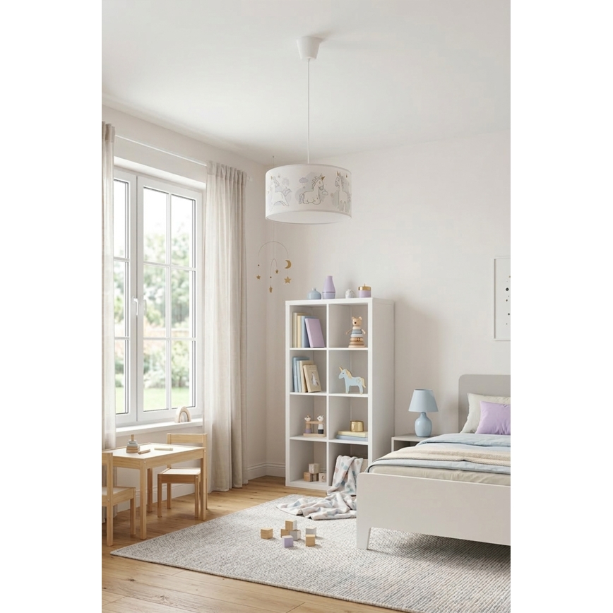 Brilagi -LED Dečiji luster na sajli BOBO 1xE27/60W/230V Ø 35 cm beo/jednorogovi