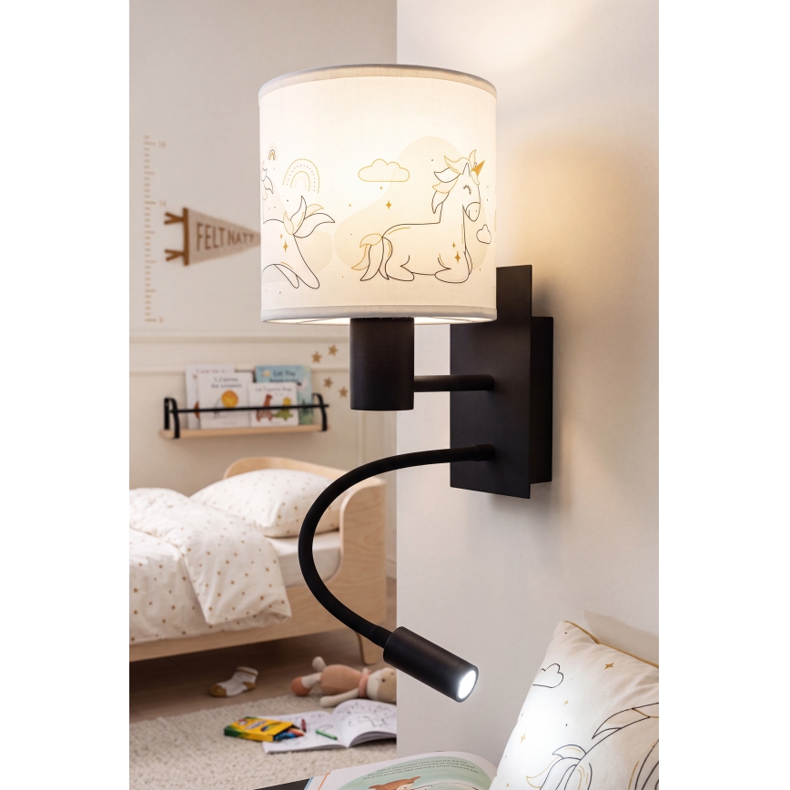 BRILAGI - LED dečija fleksibilna zidna lampa BOBO 1xE27/25W/230V + LED/3W crna/bela/sa motivom jednoroga