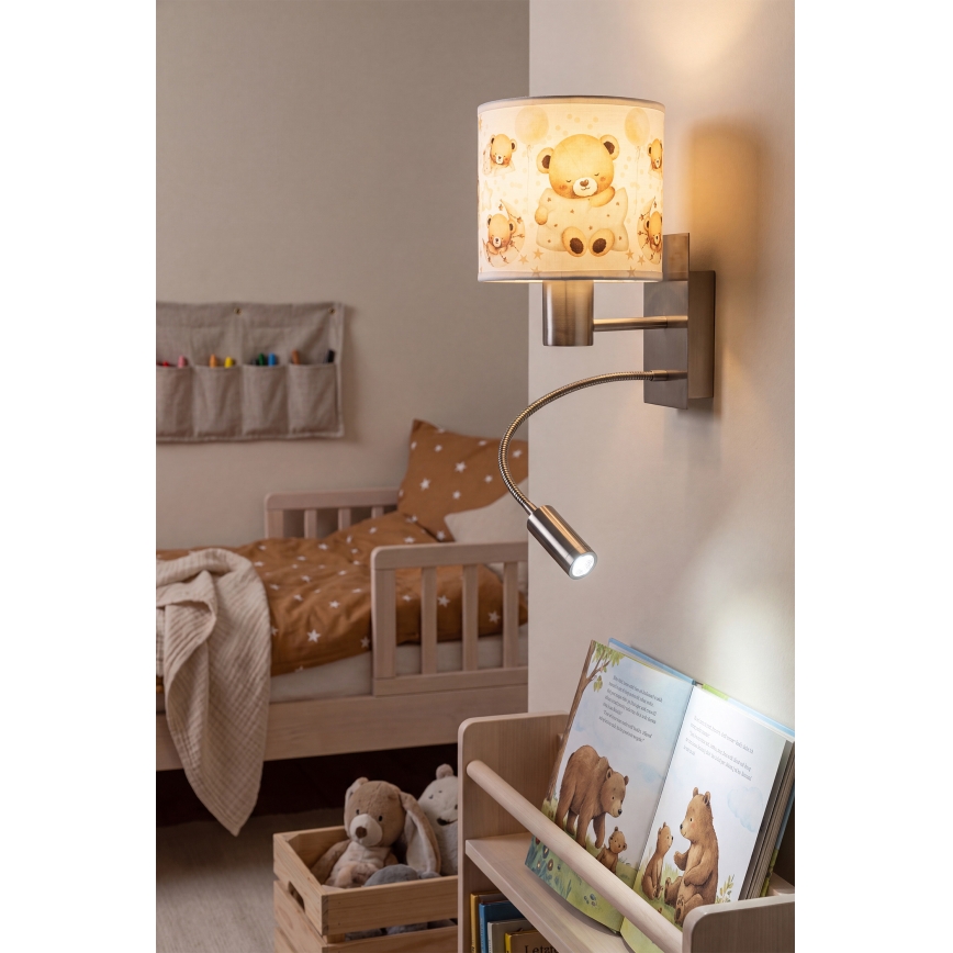 BRILAGI - LED dečija fleksibilna zidna lampa BOBO 1xE27/25W/230V + LED/3W matni hrom/bela/medvedići