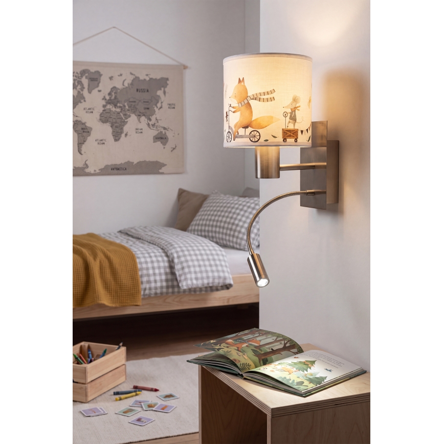 BRILAGI - LED dečija fleksibilna zidna lampa BOBO 1xE27/25W/230V + LED/3W mat hrom/bela/sa motivom životinja