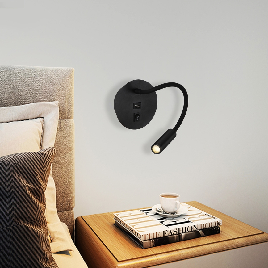 Brilagi - LED fleksibilna zidna lampa sa USB portom MAYA LED/3W/230V 4000K crna